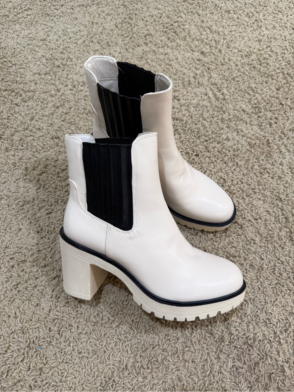 Cream Chelsea Chunky Heel Ankle Boots with Black Elastic Panels